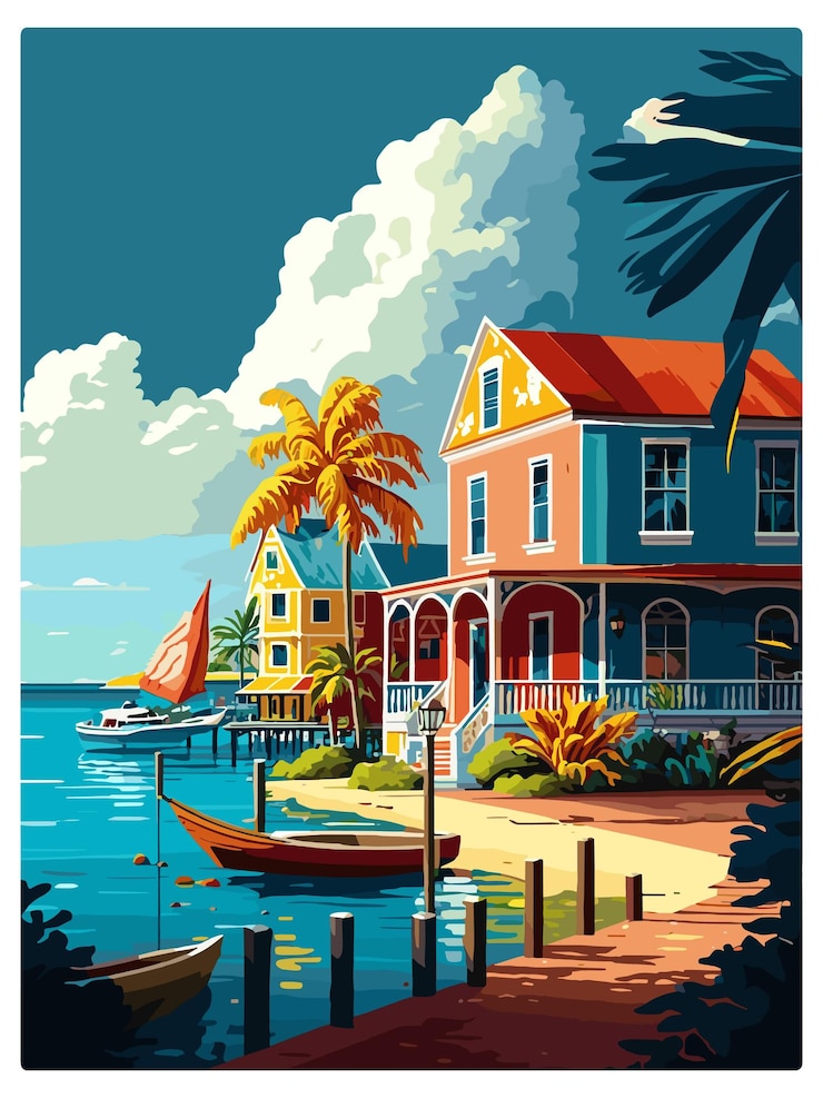 Vector islas caimán poster de viaje vintage del caribe souvenir postcard pintura de retrato ilustración de wpa