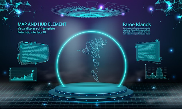 Vector islas feroe mapa luz conexión efecto fondo abstracto tecnología digital ui gui futurista hud interfaz virtual con mapa de islas feroe escenario podio futurista en niebla