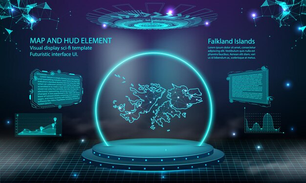 Islas Malvinas mapa luz conexión efecto fondo abstracto tecnología digital UI GUI futurista HUD Interfaz virtual con mapa de Malvinas Escenario podio futurista en niebla