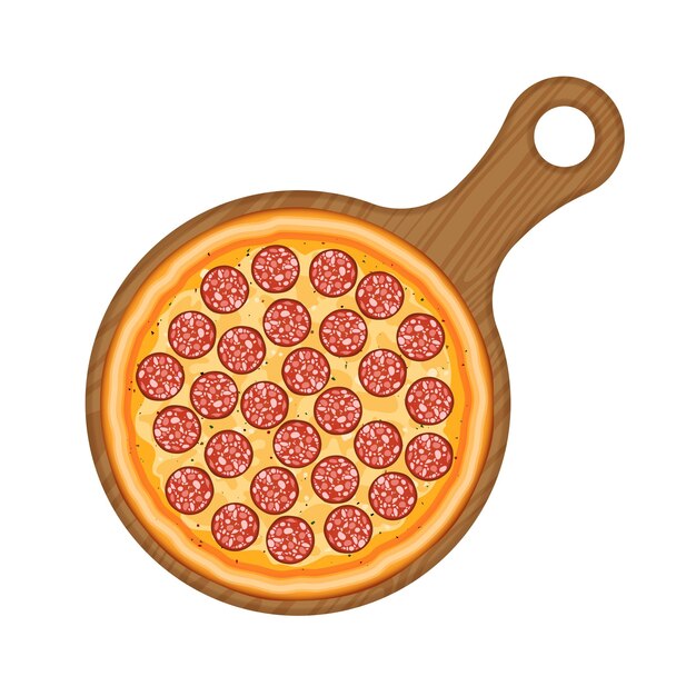 Vector isolada en un fondo blanco pizza de pepperoni en un tablero de cocina