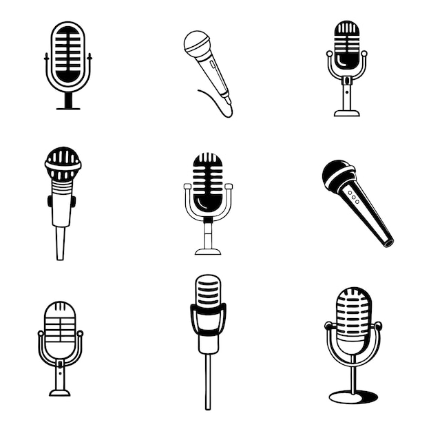 isolated black microphone icons set vector illustration