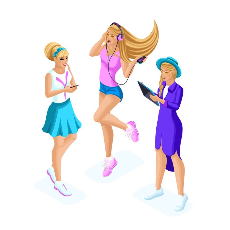 Vector isometría de las adolescentes, generación z, se comunican en las redes sociales son amigables, chatean, comparten secretos a través de gadgets, teléfonos, tabletas