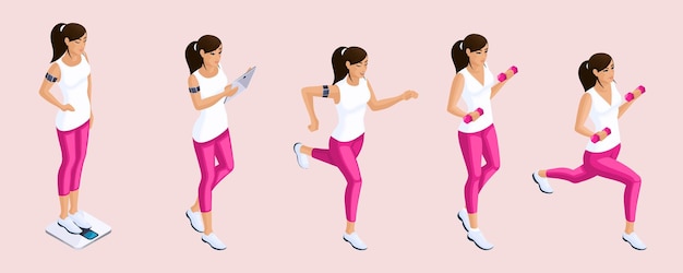 Isometría de calidad un conjunto de chicas 3D dedicadas a la gimnasia corriendo sentadillas con mancuernas