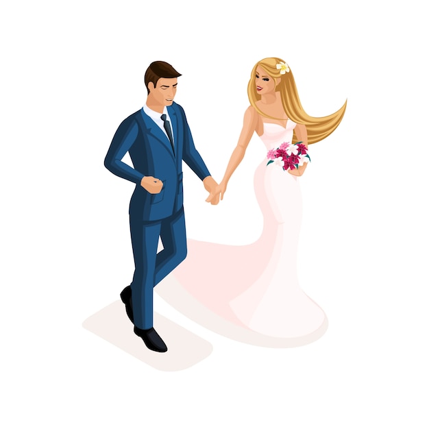 Isometría de un hombre y una mujer en un matrimonio, la novia y el novio con un vestido de novia suavemente rosa. Hombre en traje, niña con flores