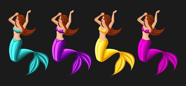 Isometría juego concepto de dibujos animados con personajes de cuento de hadas, conjunto de sirenas, niñas, serenas, diferentes colores, bellezas.