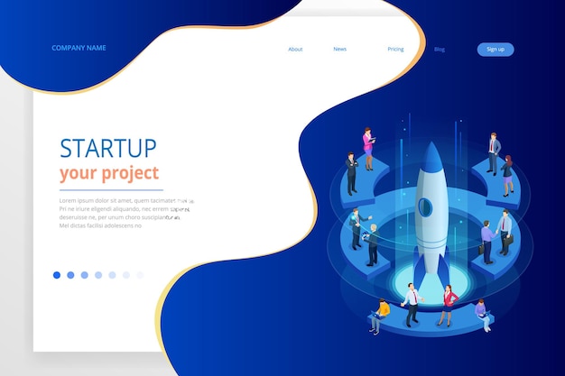 Isometric Businnes Start Up para página web, banner, presentación, diseño de página de inicio de concepto de medios sociales. Ingresos y Éxito. Ilustración de negocios vectoriales.