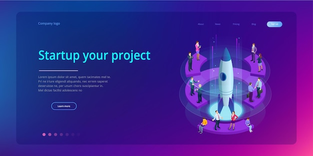 Isometric Businnes Start Up para página web, banner, presentación, diseño de página de inicio de concepto de medios sociales. Ingresos y Éxito. Ilustración de negocios vectoriales.