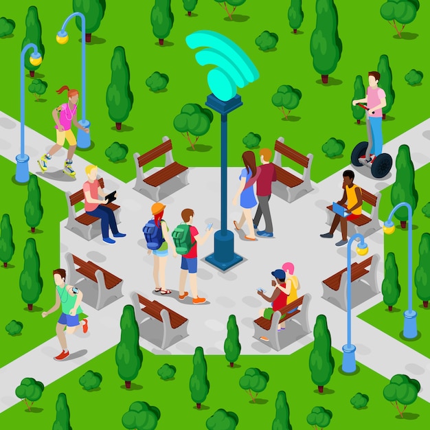 Vector isometric city park con punto de acceso wi-fi. personas activas que usan conexión inalámbrica a internet al aire libre.