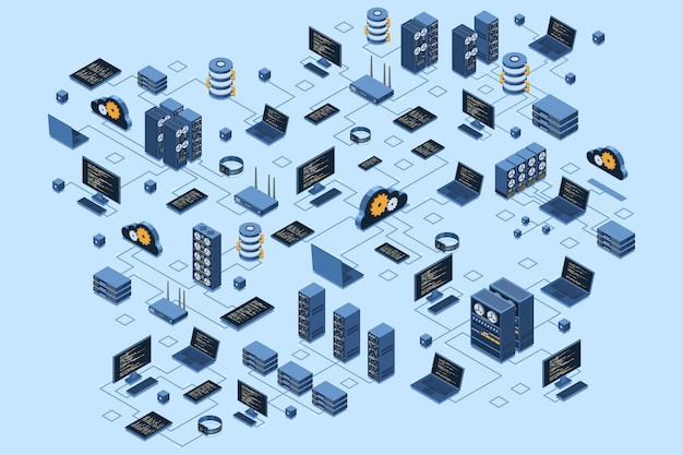 Isometric data network management Cloud storage data and synchronization of devices Networking database cloud storage Isometric technology