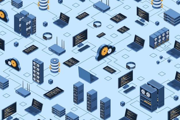 Isometric data network management Cloud storage data and synchronization of devices Networking database cloud storage Isometric technology