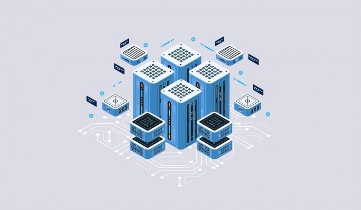 Vector isometric design concept virtual reality and augmented reality. software development and programming. computation of big data center, quantum computer isometric   technology