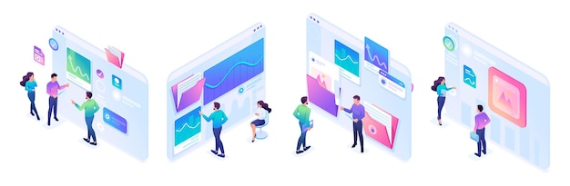 Isometric Empleados del Banco elaborar un préstamo hipotecario empresarios Concepto para el diseño web