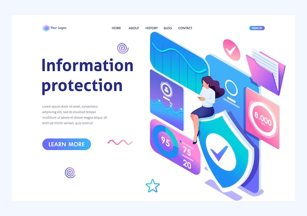 Vector isometric girl instala una aplicación en línea para proteger los datos en su teléfono protección de la información página de aterrizaje