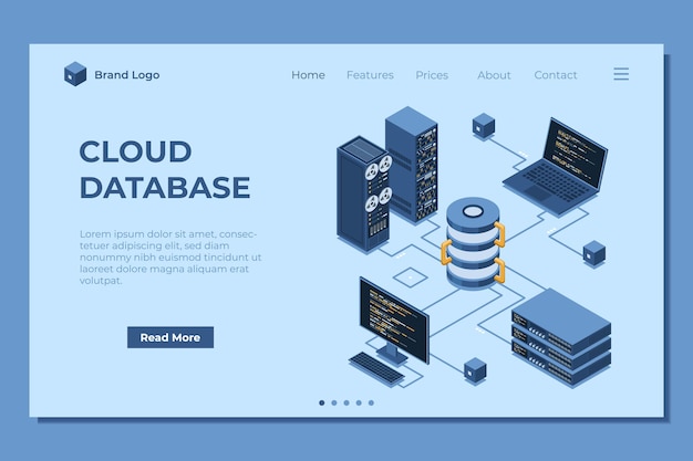 Isometric modern cloud database and networking landing page Computer service technology Supercomputer Isometric technology
