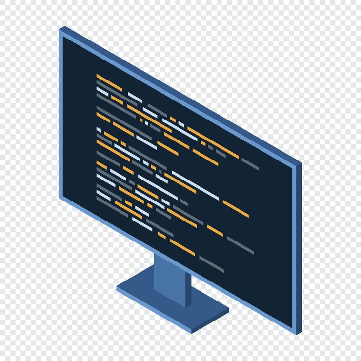 Vector isometric monitor software programming coding concept code on computer monitor isometric technology vector illustration
