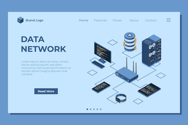 Isometric network router landing page Isometric network concept with router computer smartphone and server connection Isometric technology