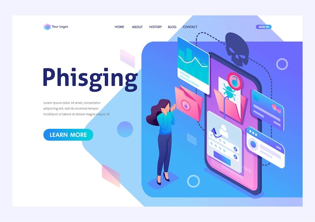 Isometric Phishing link robo de datos de aplicaciones móviles datos de tarjetas de crédito contraseñas de usuario para diseño web