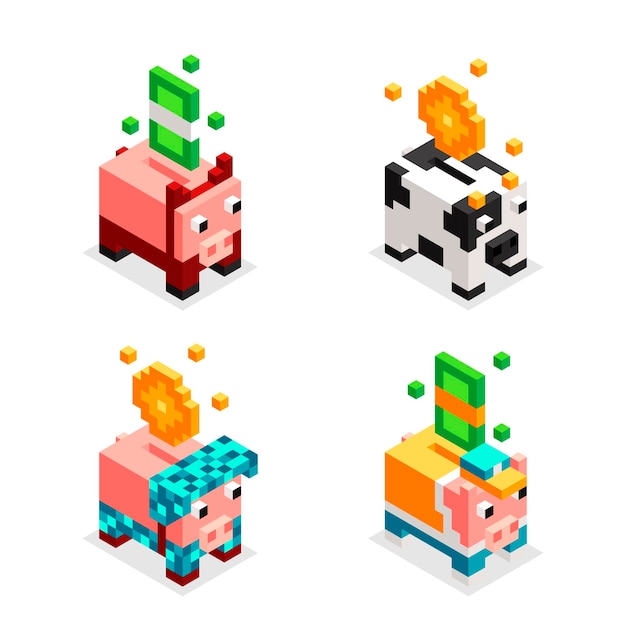 Isometric piggy bank colección de personajes lindos con papel de dinero y monedas en caja 3D estilo isométrico