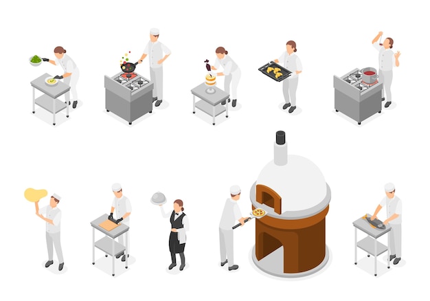 Isometric professional chefs People cooking and baking bakery restaurant chef in uniform Kitchen workers preparing meals flawless vector set