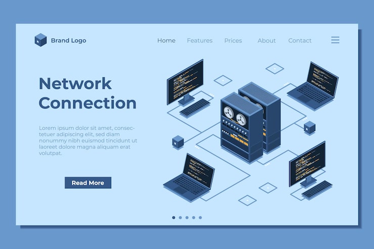 Vector isometric server connecting computers landing page network connection computing internet digital technology web hosting concept isometric technology