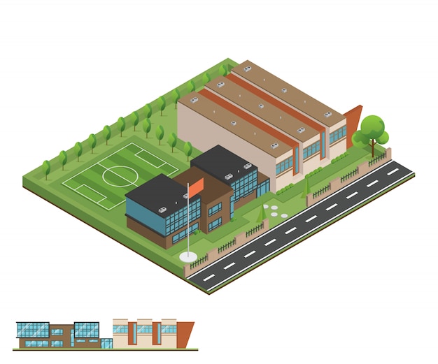 Isométrica y 3D de oficina moderna.