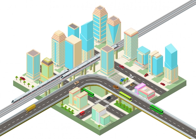 Isométrica ciudad inteligente con rascacielos, autopista y transporte.