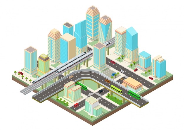 Isométrica ciudad inteligente con rascacielos, autopista y transporte.