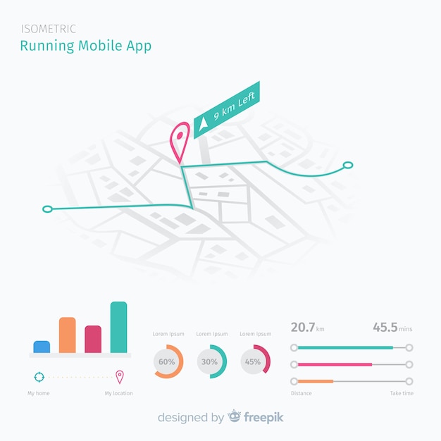 Isométrica corriendo infografía aplicación móvil