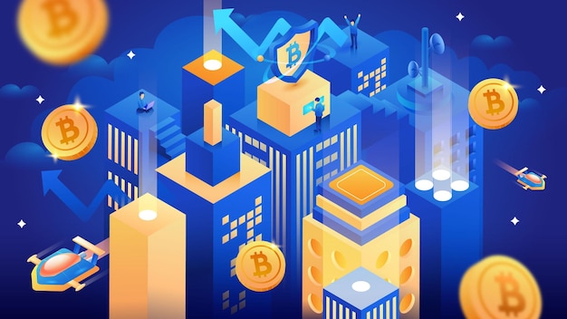 Vector isométrica cryptocurrency bitcoin ciudad futurista gente minería oro azul ilustración