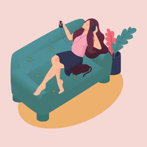 Isométrica joven pasa los fines de semana en casa, recostado en el sofá, sofá, escuchando música, gato amigo. ilustración de color en estilo plano