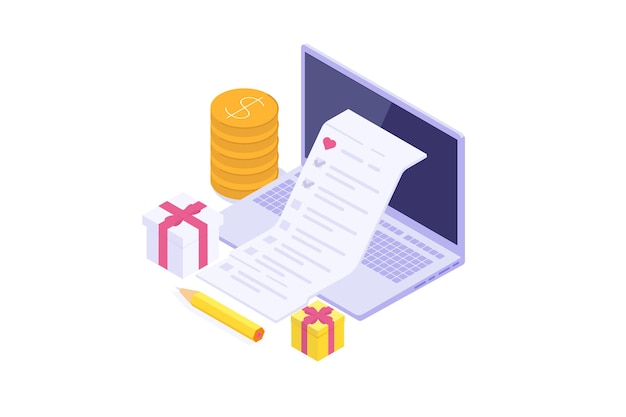 Isométrica Lista de deseos de compras en línea añadir al concepto de colección personalizada Ilustración vectorial