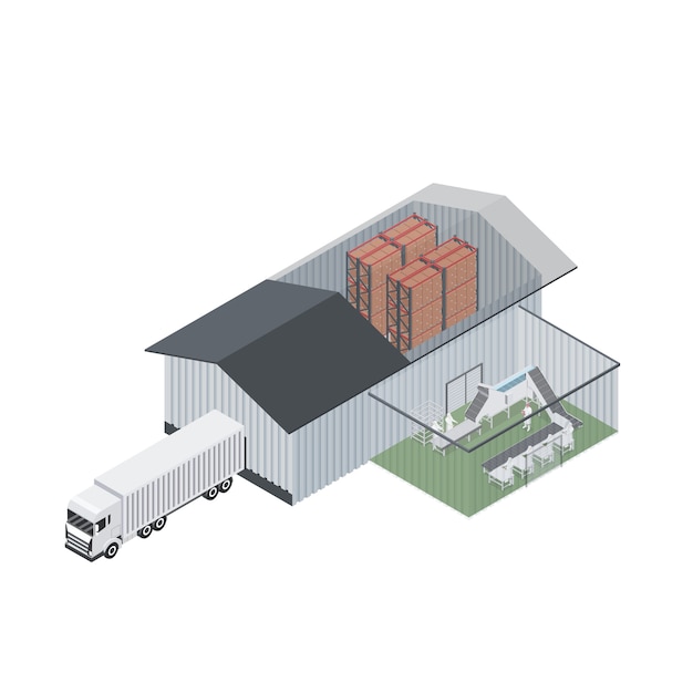 Vector isométrica de planta industrial. simulación de distribución de plantas de alimentos