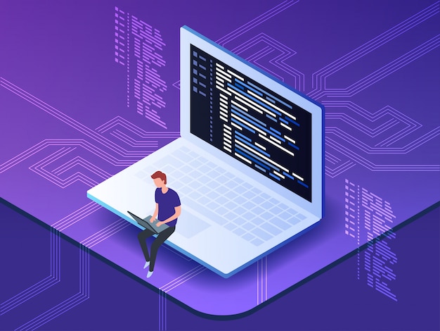Vector isométrica del programador joven que codifica un nuevo proyecto usando la computadora.