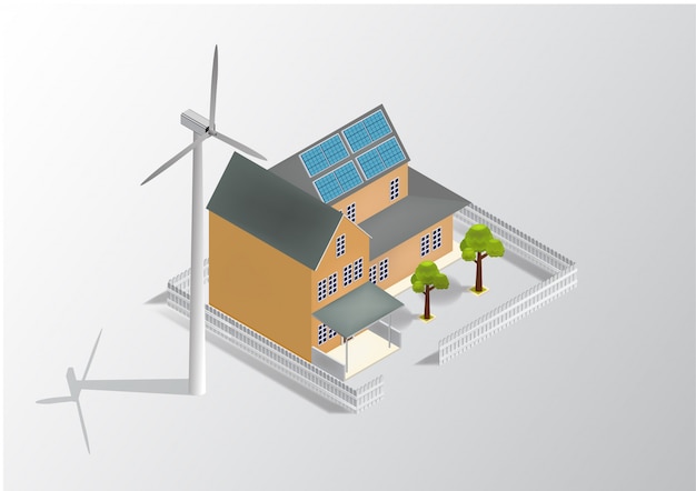 Isométrica verde ecológico casa con panel solar y molino de viento.
