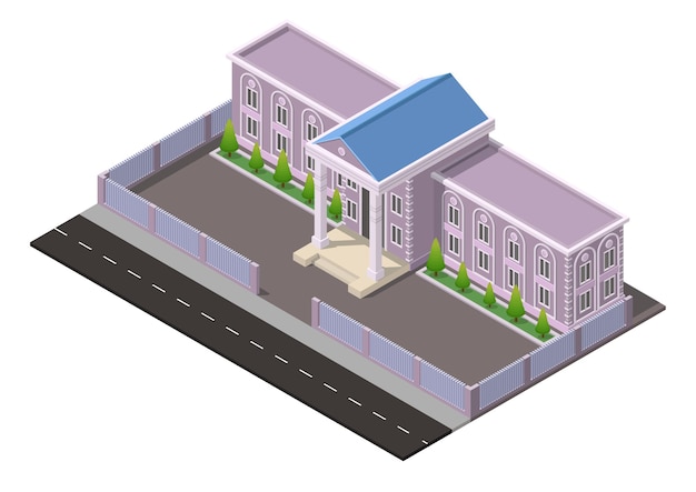 Isométrica vieja escuela o edificio residencial con árboles y carreteras.