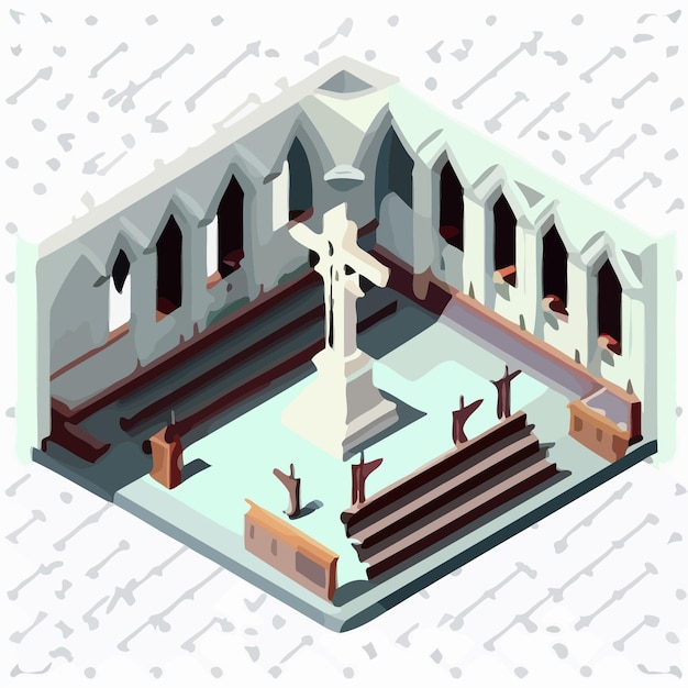 Vector isométrica_vista_del_interior_de la_iglesia_con_cruce