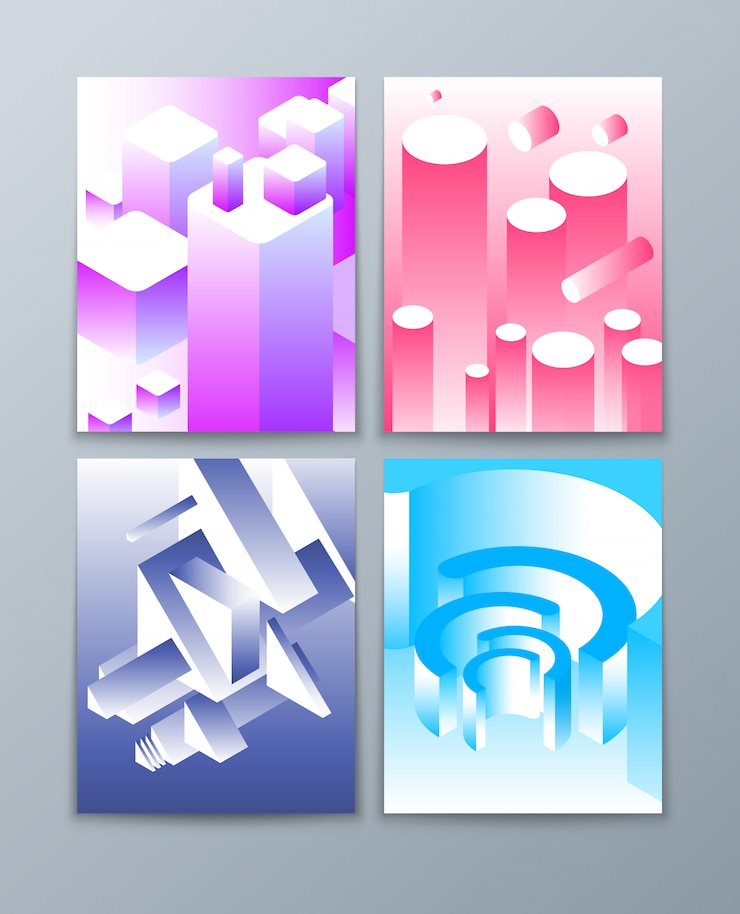 Vector isométricas formas abstractas. objetos geométricos futuristas 3d en colores de moda. colección de folletos vectoriales