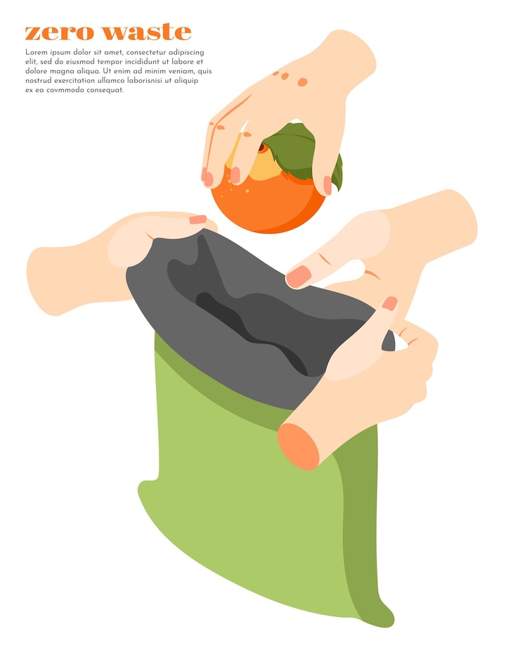 Vector isométrico de cero residuos con personas poniendo naranja en una bolsa verde reciclable 3d