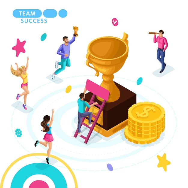 Isométrico es el concepto de negocio, el éxito del equipo. Los jóvenes empresarios están desarrollando una nueva empresa. Plan de negocios para lograr el objetivo.