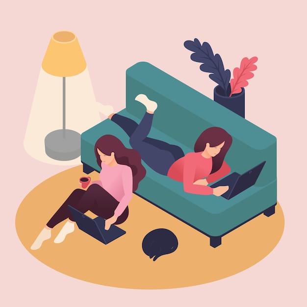Isométrico Establezca mujeres jóvenes que pasan el fin de semana en casa, leyendo libros, alimentando a un gato, escuchando música, tratando con flores. Ilustración vectorial de colores en estilo plano