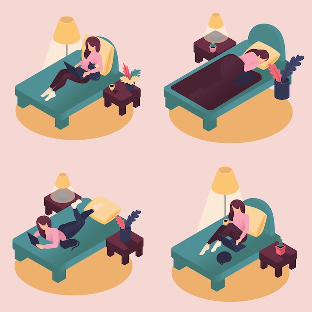 Isométrico Establezca mujeres jóvenes que pasan el fin de semana en casa, leyendo libros, alimentando a un gato, escuchando música, tratando con flores. Ilustración vectorial de colores en estilo plano