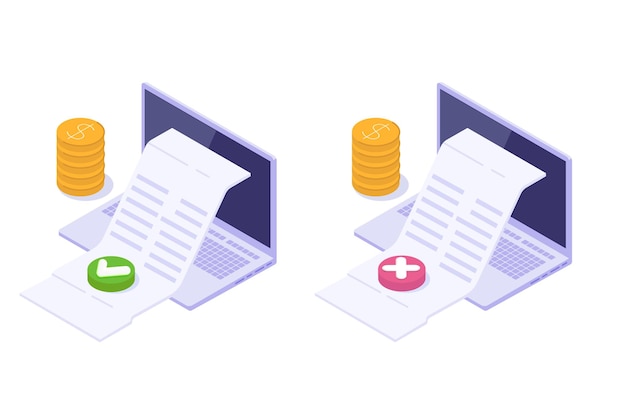 Isométrico Factura de crédito aprobada Concepto de pago aprobado Ilustración vectorial