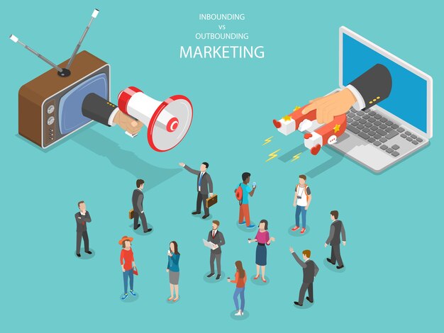 Isométrico de marketing entrante vs saliente