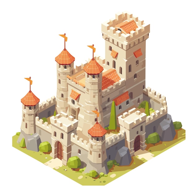 Vector isométrico_medieval_castillo_con_muralla fortificada