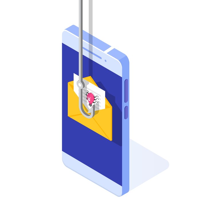 Vector isométrico de phishing de datos, estafa de piratería en línea en concepto de teléfono inteligente. pesca por correo electrónico. ladrón cibernético.