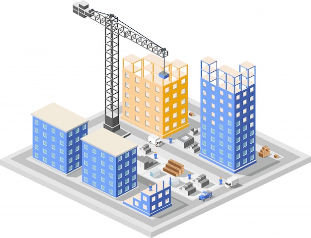 Isométricos de construcción industrial en rascacielos de ciudades en construcción.