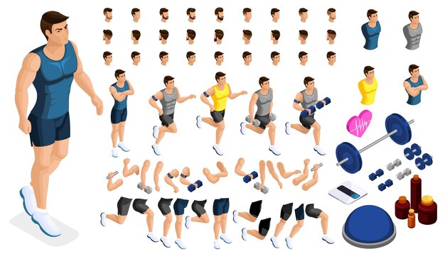 Los isométricos crean para tu hombre deportivo inflado un conjunto de peinados, emociones, manos y pies.