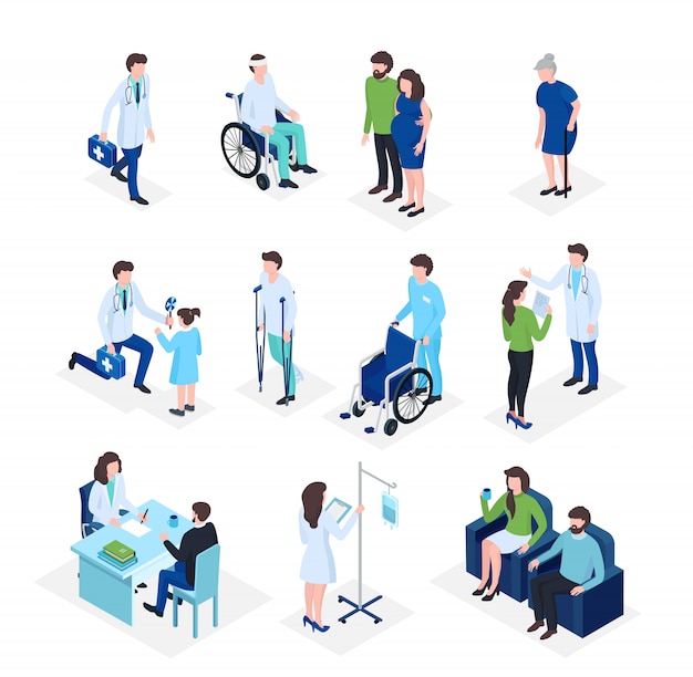 Isométricos médicos y pacientes de atención médica, seguro de medicina en el hospital, personal médico ilustración 3d plana.