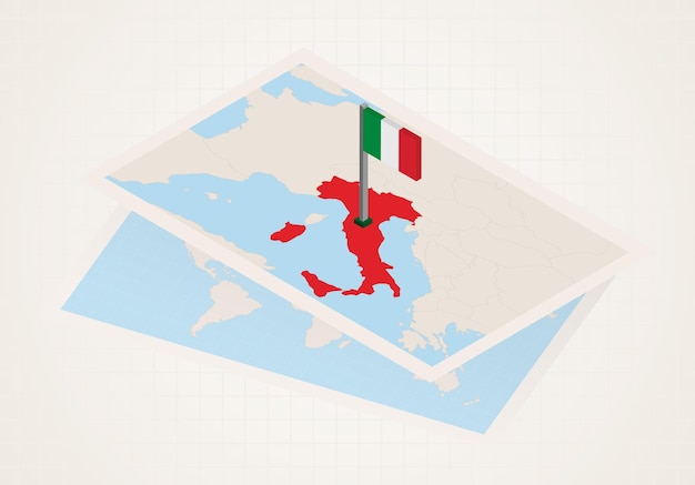 Italia seleccionada en el mapa con bandera isométrica de Italia