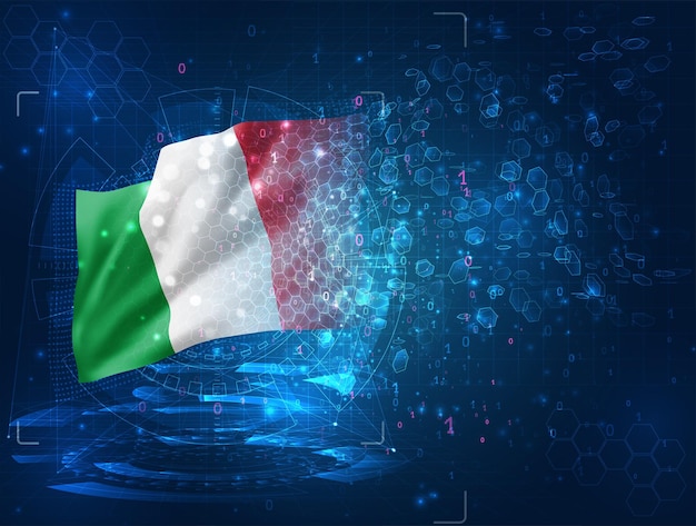 Italia, vector bandera 3d sobre fondo azul con interfaces hud